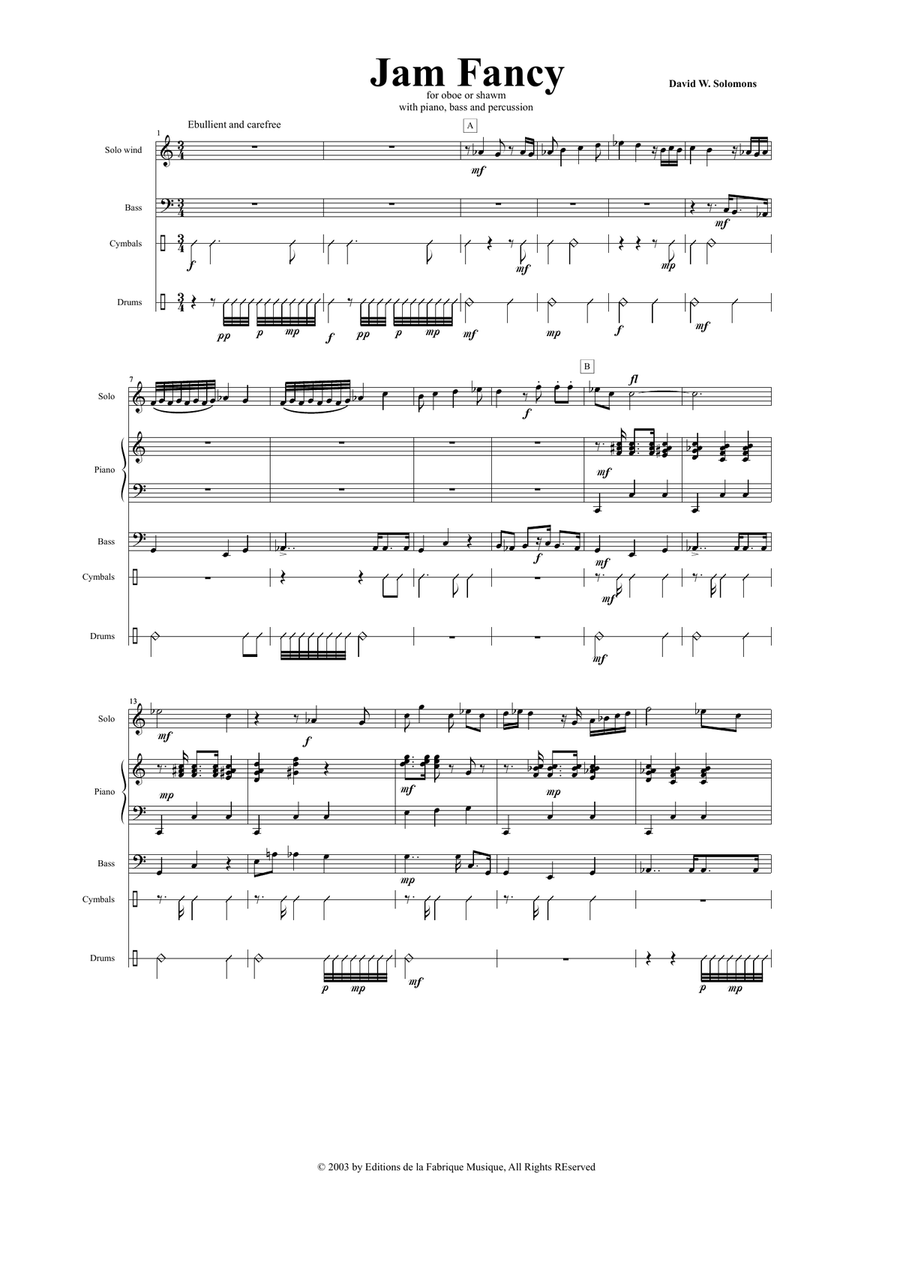 David Solomons : Jam Fancy for oboe or shawm with piano, bass and 3 percussion Small Ensemble scores gallery preview page 2