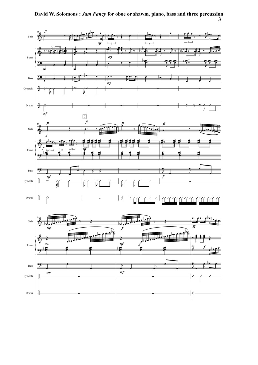 David Solomons : Jam Fancy for oboe or shawm with piano, bass and 3 percussion Small Ensemble scores gallery preview page 3