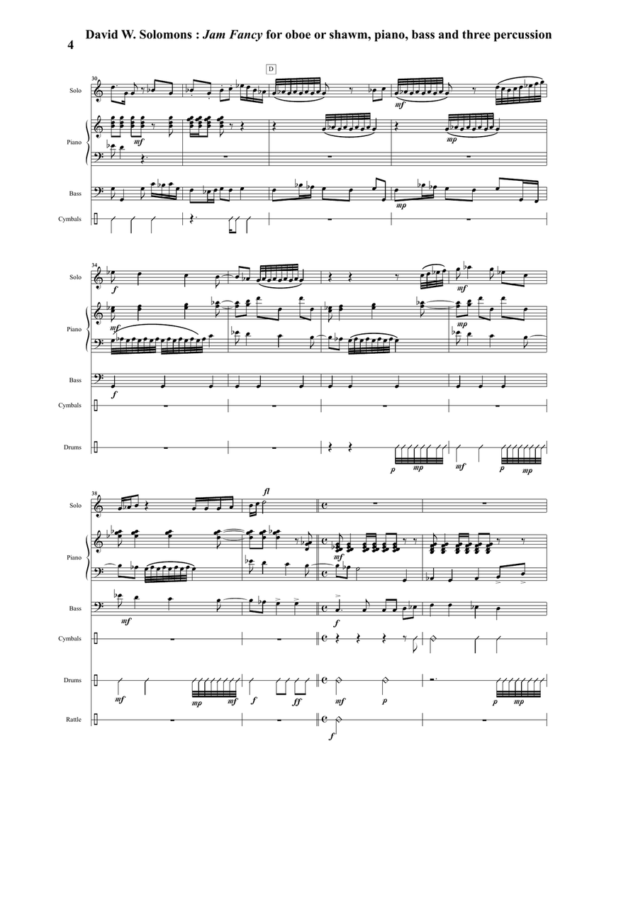 David Solomons : Jam Fancy for oboe or shawm with piano, bass and 3 percussion Small Ensemble scores gallery preview page 4