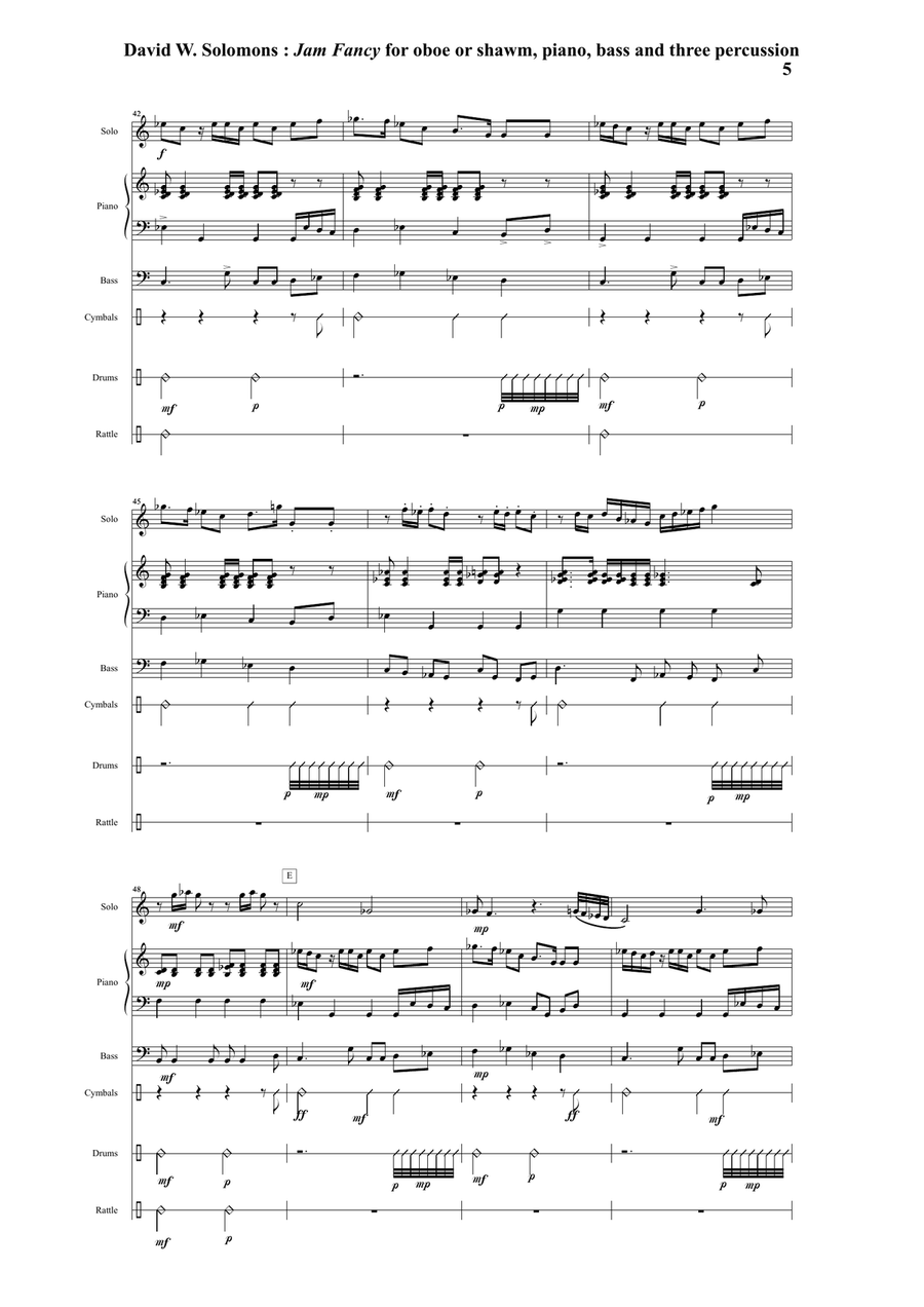 David Solomons : Jam Fancy for oboe or shawm with piano, bass and 3 percussion Small Ensemble scores gallery preview page 5
