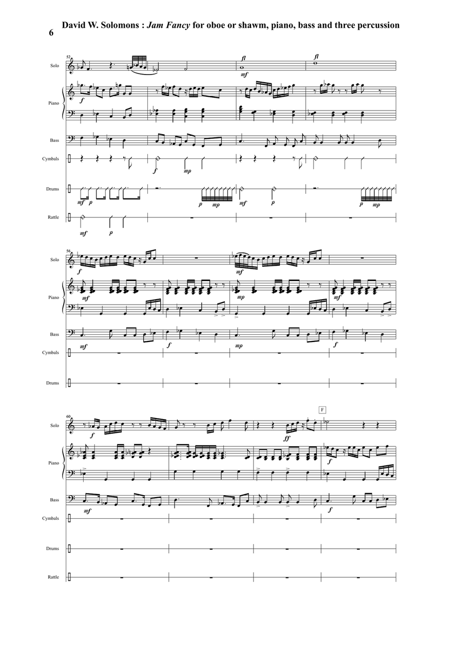 David Solomons : Jam Fancy for oboe or shawm with piano, bass and 3 percussion Small Ensemble scores gallery preview page 6