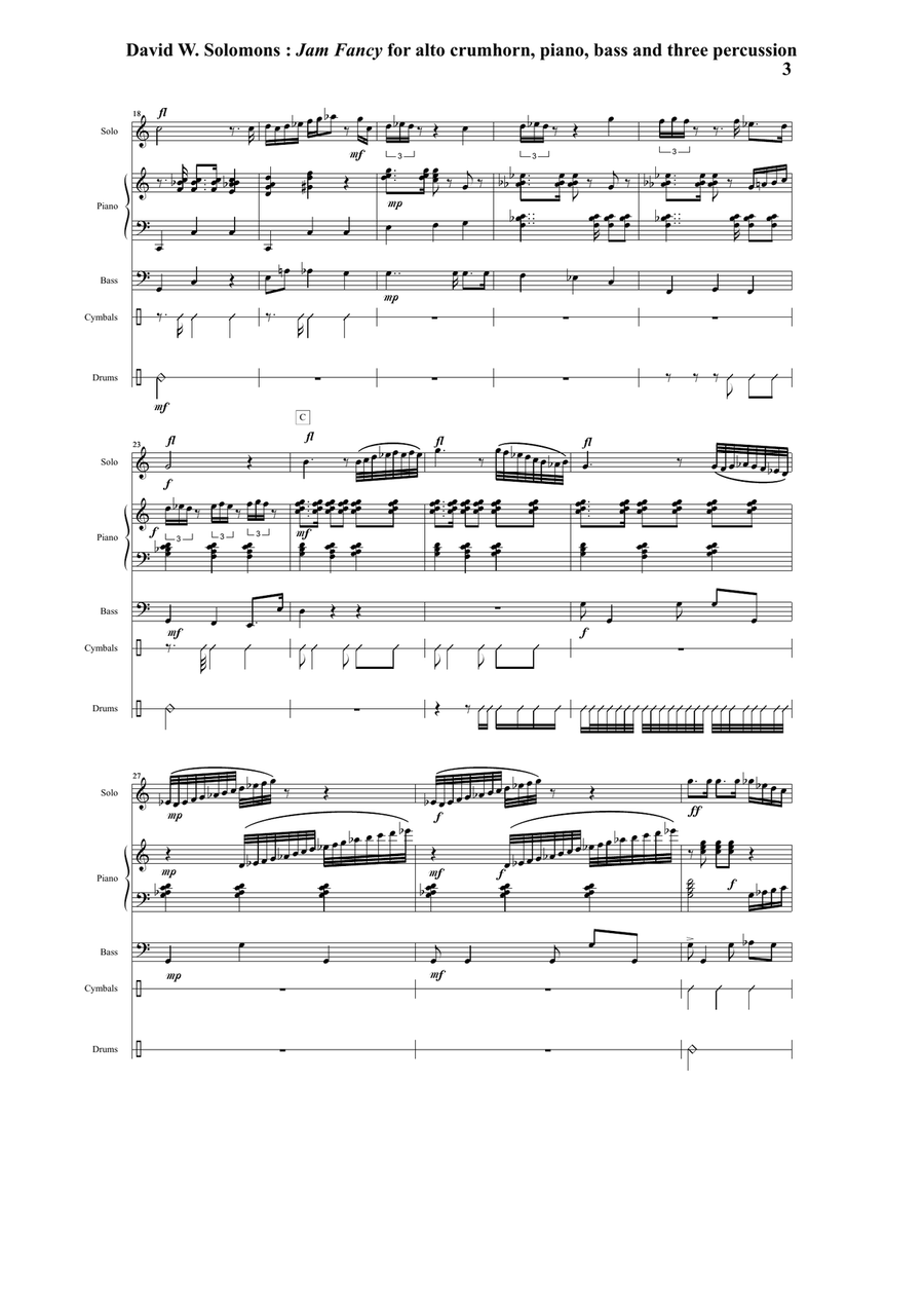 David Solomons : Jam Fancy for alto crumhorn with piano, bass and 3 percussion Small Ensemble scores gallery preview page 3