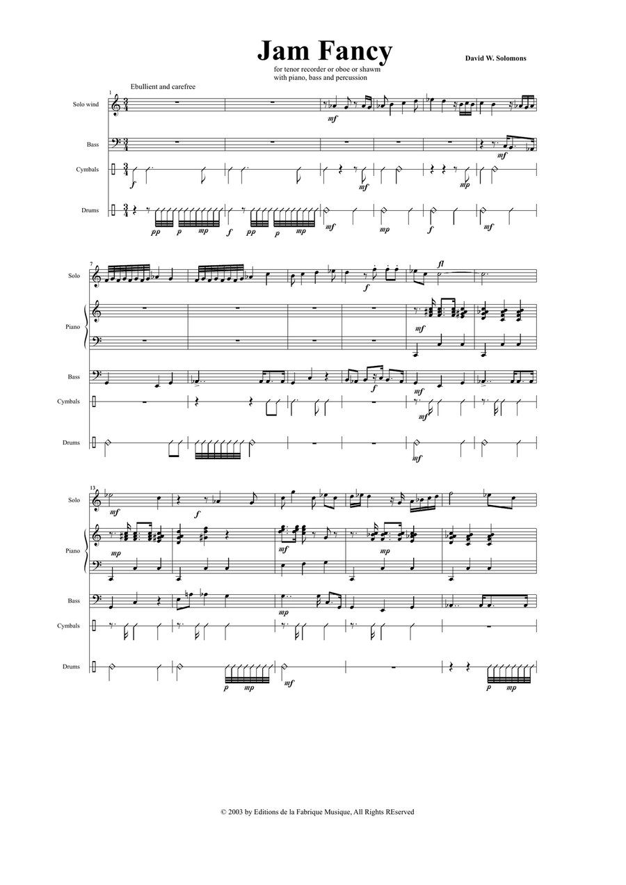 David Solomons : Jam Fancy for tenor recorder with piano, bass and 3 percussion Small Ensemble scores gallery preview page 2