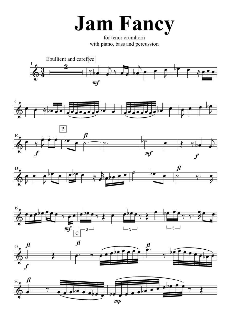 David Solomons : Jam Fancy for tenor crumhorn with piano, bass and 3 percussion Small Ensemble scores gallery preview page 2
