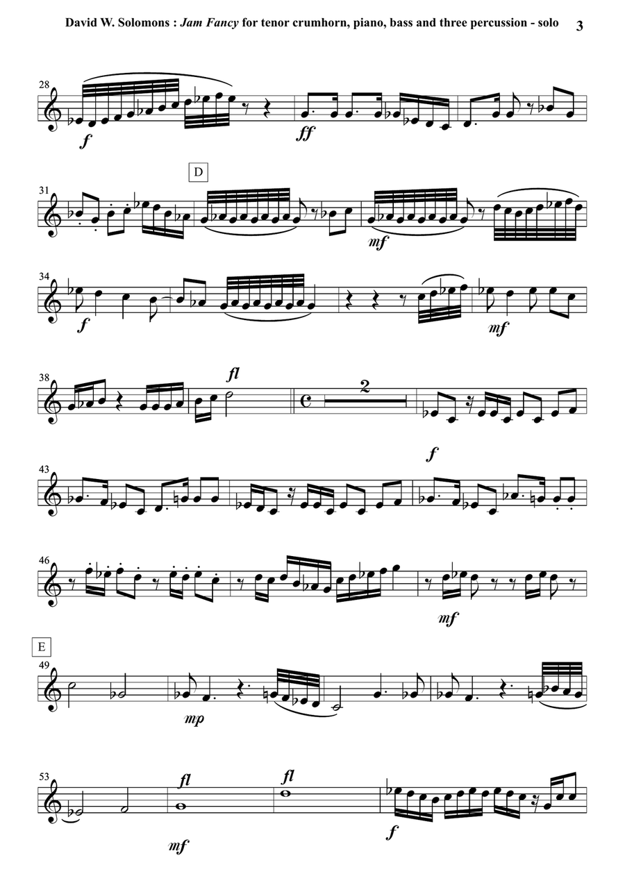 David Solomons : Jam Fancy for tenor crumhorn with piano, bass and 3 percussion Small Ensemble scores gallery preview page 3
