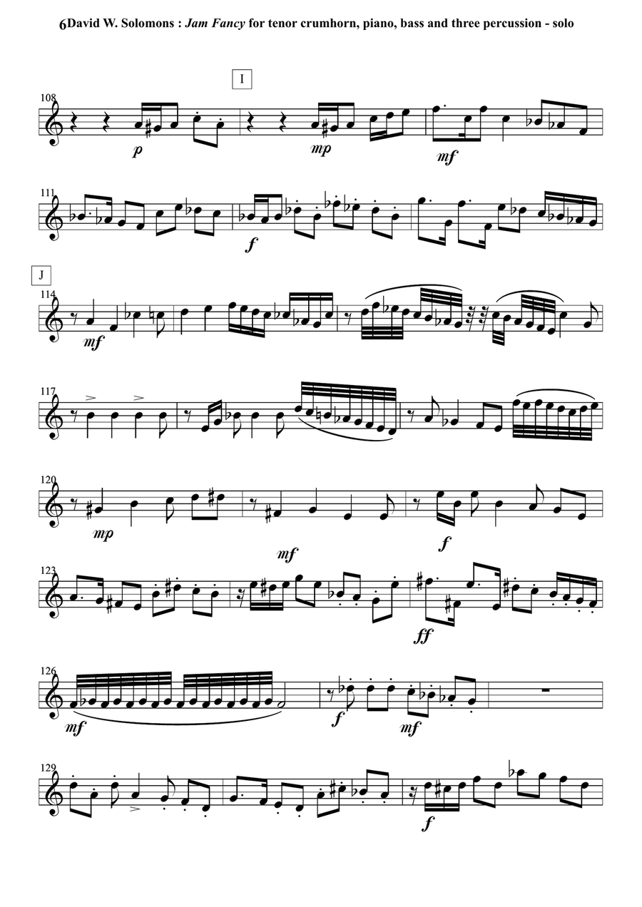 David Solomons : Jam Fancy for tenor crumhorn with piano, bass and 3 percussion Small Ensemble scores gallery preview page 6