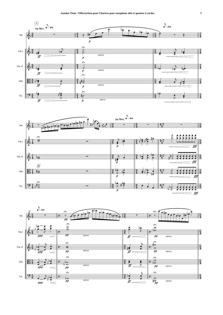 Antoine Tisné : Offertorium pour Chartres for alto saxophone and string quartet Small Ensemble scores gallery preview page 3