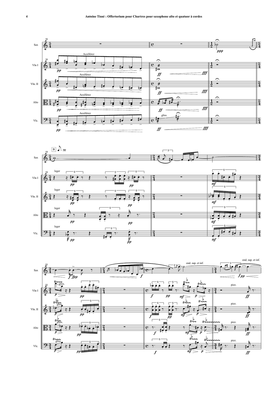 Antoine Tisné : Offertorium pour Chartres for alto saxophone and string quartet Small Ensemble scores gallery preview page 4