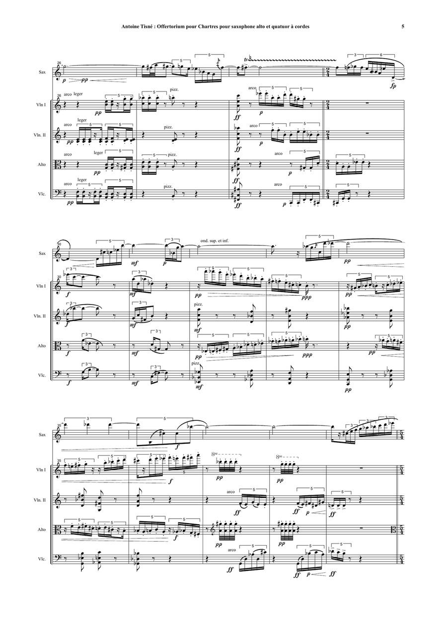 Antoine Tisné : Offertorium pour Chartres for alto saxophone and string quartet Small Ensemble scores gallery preview page 5