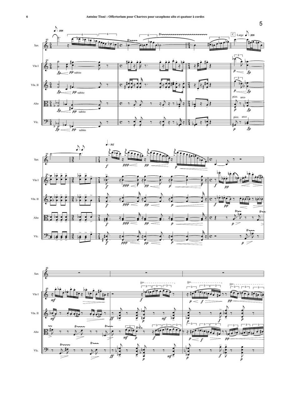 Antoine Tisné : Offertorium pour Chartres for alto saxophone and string quartet Small Ensemble scores gallery preview page 6