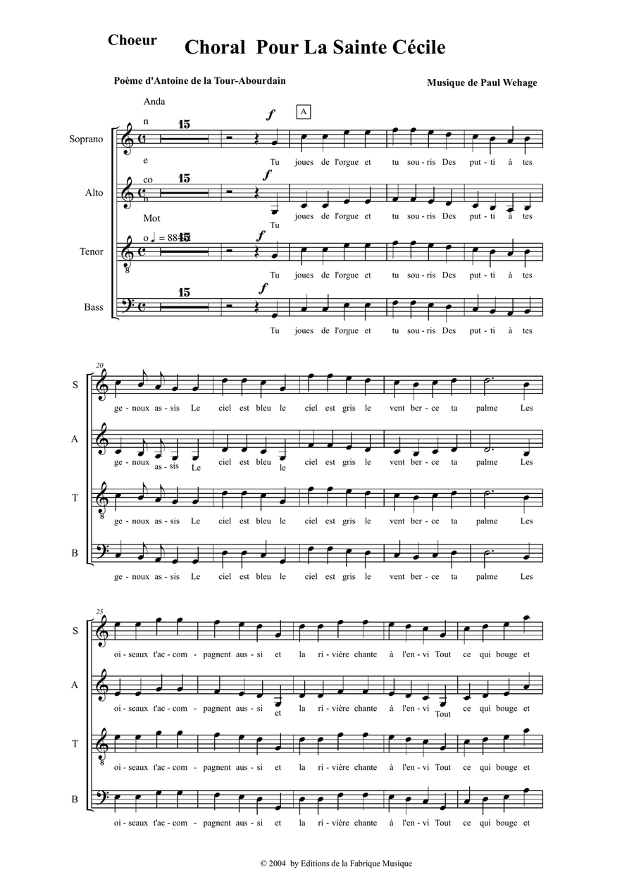 Paul Wehage : Choral pour la Sainte Cécile, chorus part Divisi scores gallery preview page 1