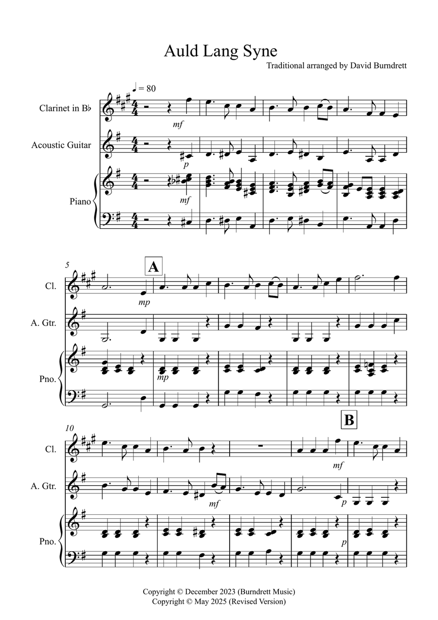 Auld Lang Syne for Clarinet and Guitar Duet B-Flat Clarinet scores gallery preview page 1