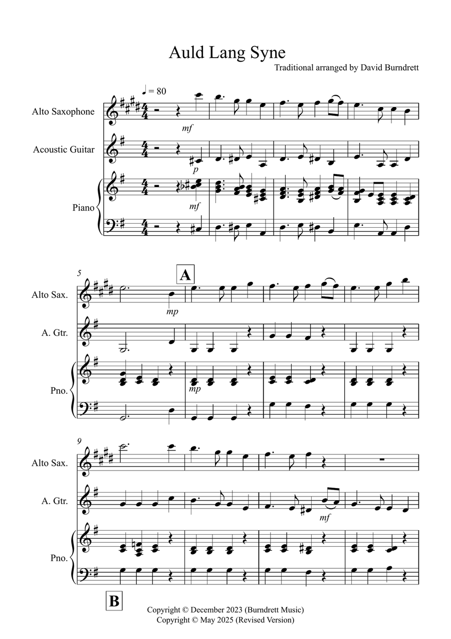 Auld Lang Syne for Alto Saxophone and Guitar Duet Alto Saxophone scores gallery preview page 1
