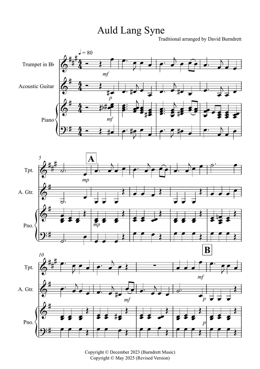 Auld Lang Syne for Trumpet and Guitar Duet Trumpet Duet scores gallery preview page 1