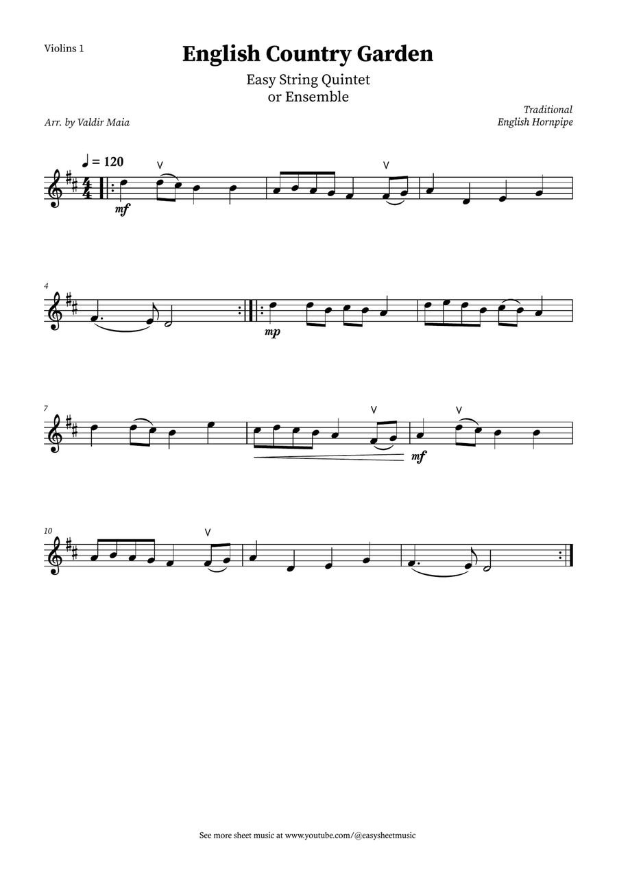English Country Garden – Easy String Quintet Sheet Music (with Optional Piano) String Orchestra scores gallery preview page 3