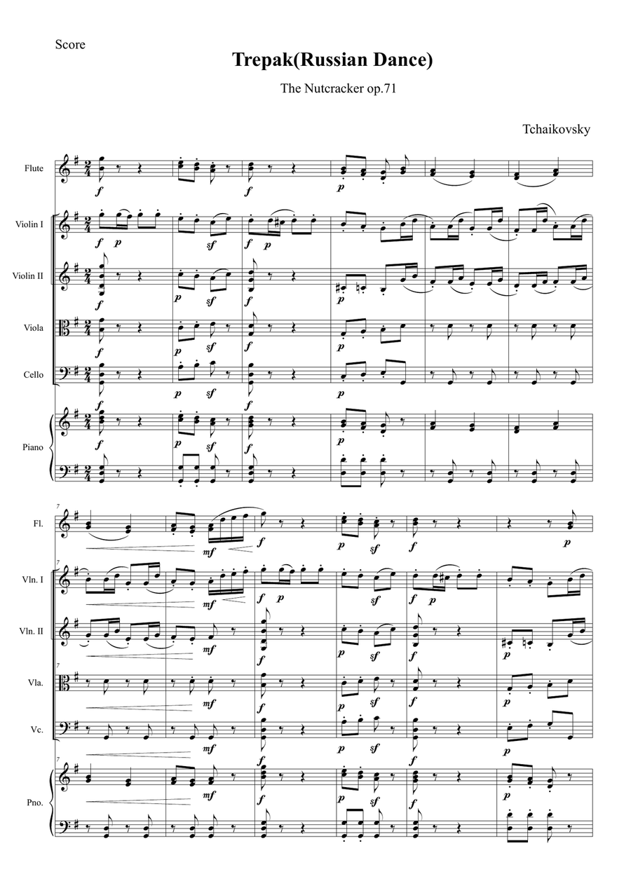 Trepak (from The Nutcracker) – for Flute Duo, String Quartet & Piano Large Ensemble scores gallery preview page 1