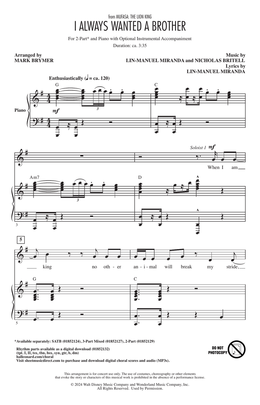 I Always Wanted A Brother (from Mufasa) (arr. Mark Brymer) 2-Part scores gallery preview page 1