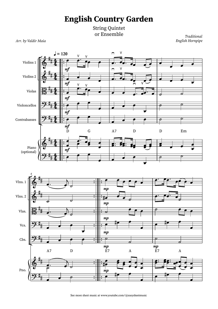 English Country Garden – String Quintet Sheet Music (with Optional Piano) String Orchestra scores gallery preview page 1