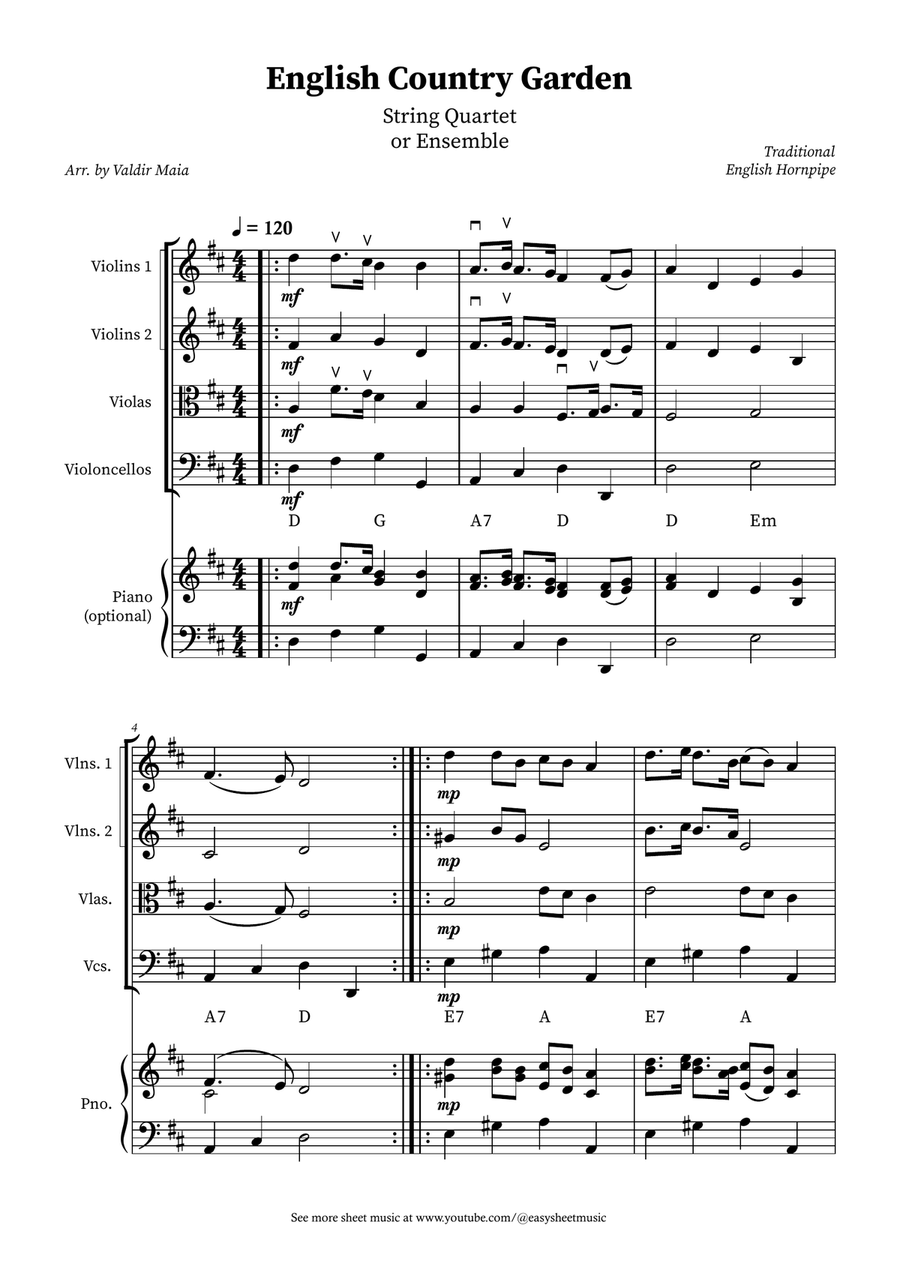 English Country Garden – String Quartet Sheet Music (with Optional Piano) String Quartet scores gallery preview page 1
