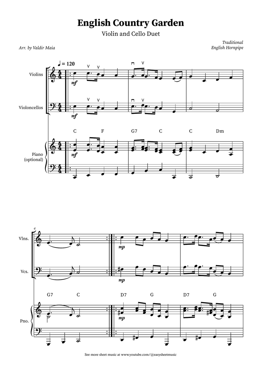 English Country Garden – Violin and Cello Duet Sheet Music (with Optional Piano) Piano Trio scores gallery preview page 1