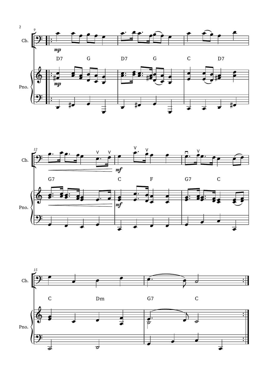 English Country Garden – Double Bass Solo Sheet Music (with Optional Piano) Double Bass scores gallery preview page 2