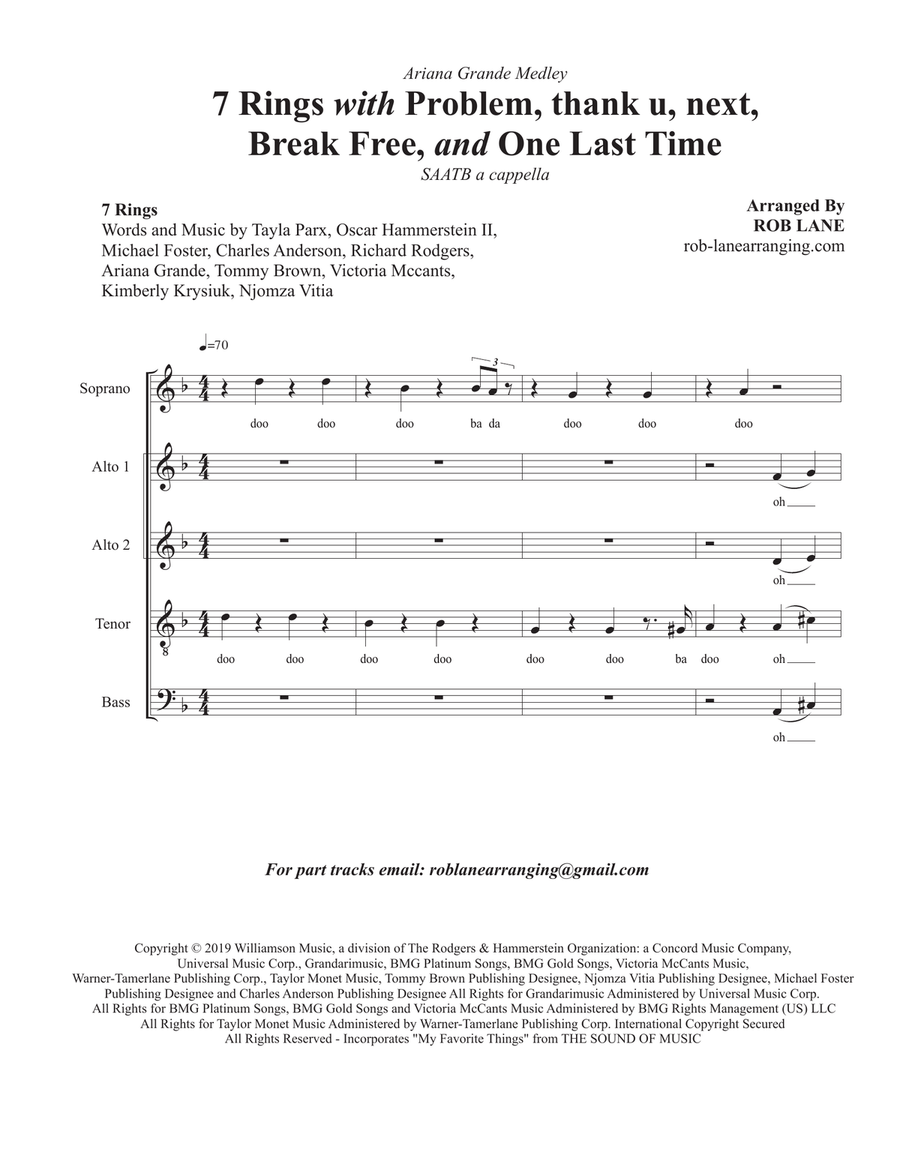 Medley: 7 Rings with Problem, Thank U, Next, Break Free, and One Last Time Divisi scores gallery preview page 1
