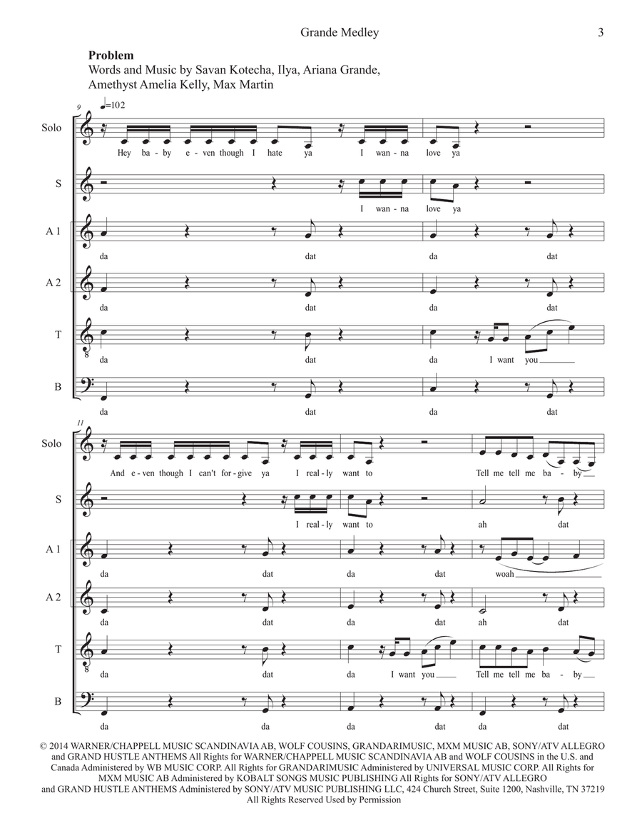 Medley: 7 Rings with Problem, Thank U, Next, Break Free, and One Last Time Divisi scores gallery preview page 3