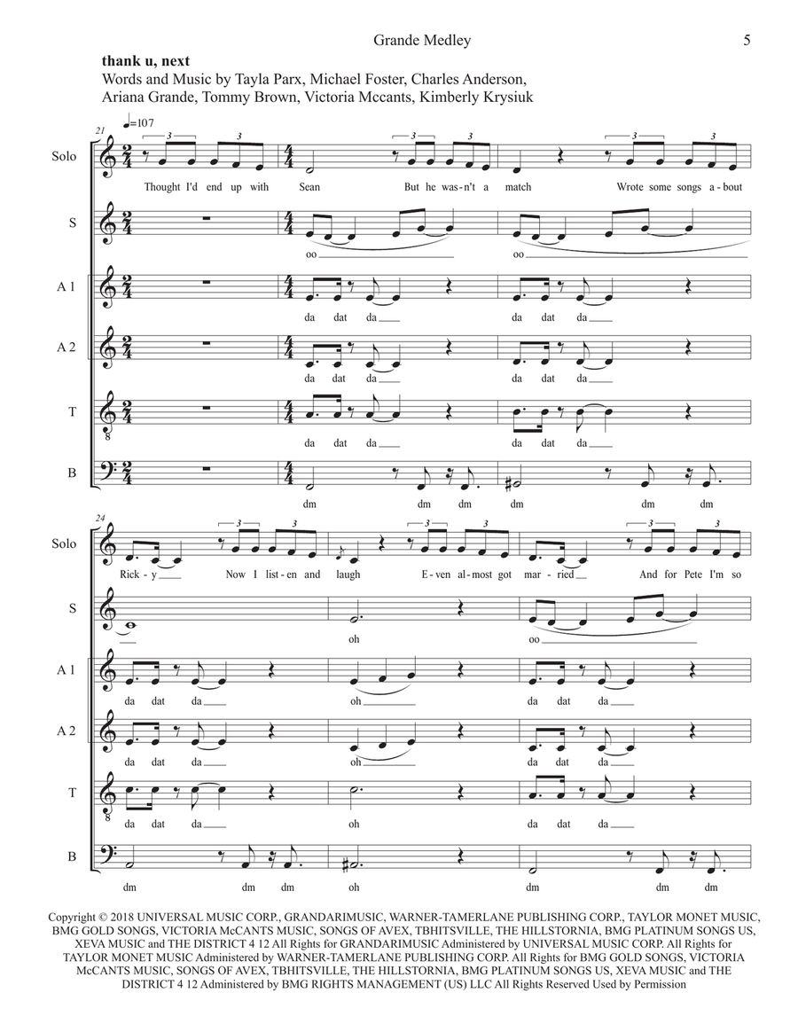 Medley: 7 Rings with Problem, Thank U, Next, Break Free, and One Last Time Divisi scores gallery preview page 5