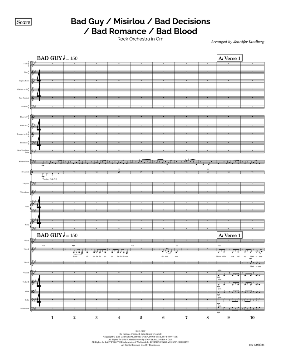 Medley: Bad Guy with Bad Romance, Bad Blood, Bad Decisions, and Misirlou (Instr & Original Greek ... Full Orchestra scores gallery preview page 1