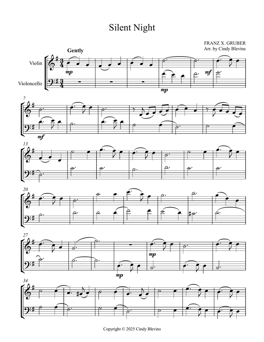 Silent Night, for Violin and Cello String Duet scores gallery preview page 3