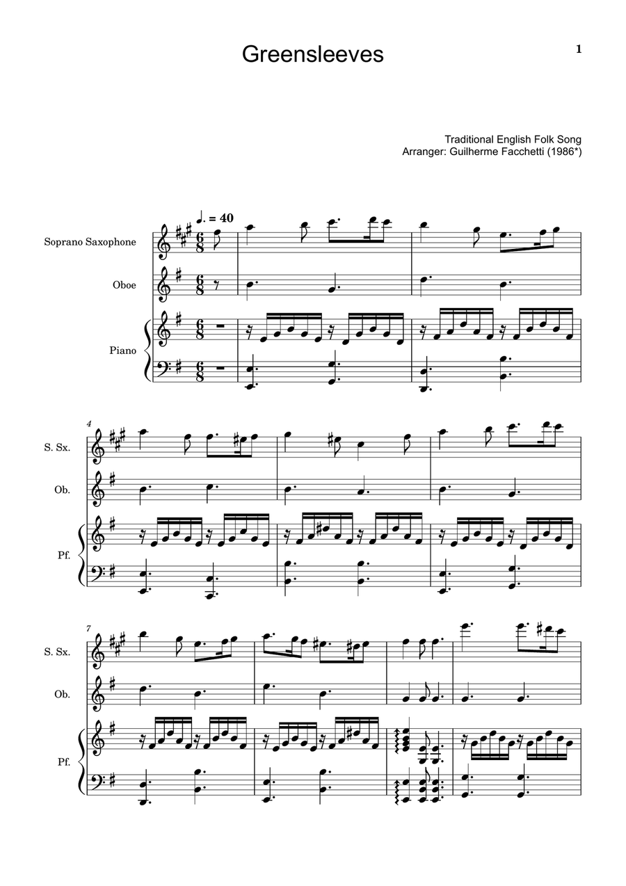 Greensleeves - S. Sax., Oboe and Piano. Score and Parts. Small Ensemble scores gallery preview page 1