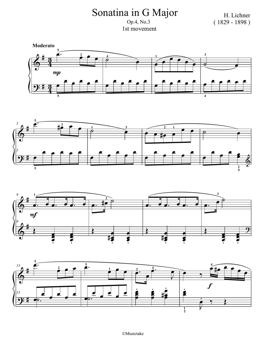 Lichner Sonatina in g Major Op.4, No.3, 1st movement Easy Piano scores gallery preview page 1