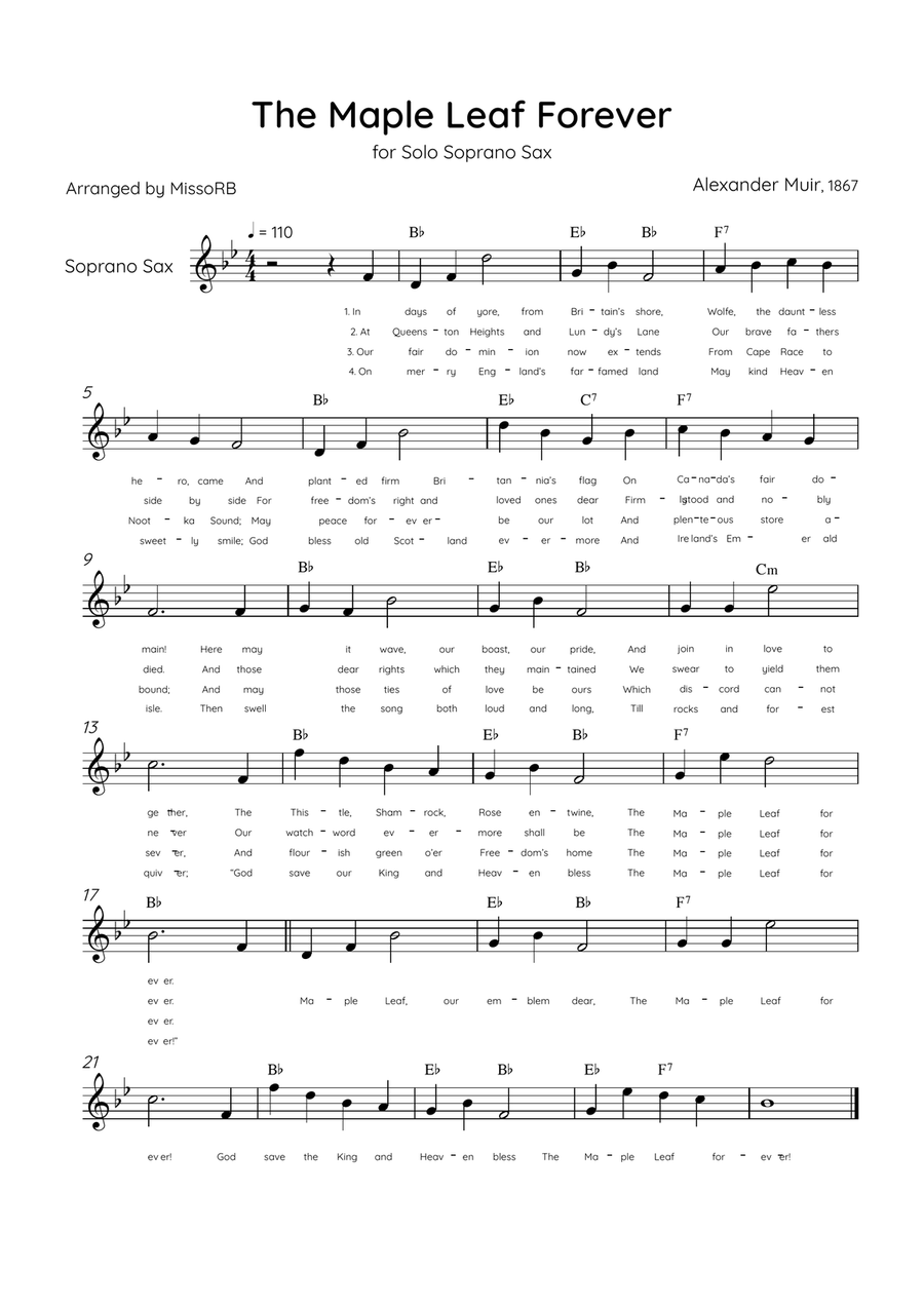 The Maple Leaf Forever - Solo Soprano Sax in Ab Major With Chords & Lyrics Soprano Saxophone scores gallery preview page 1