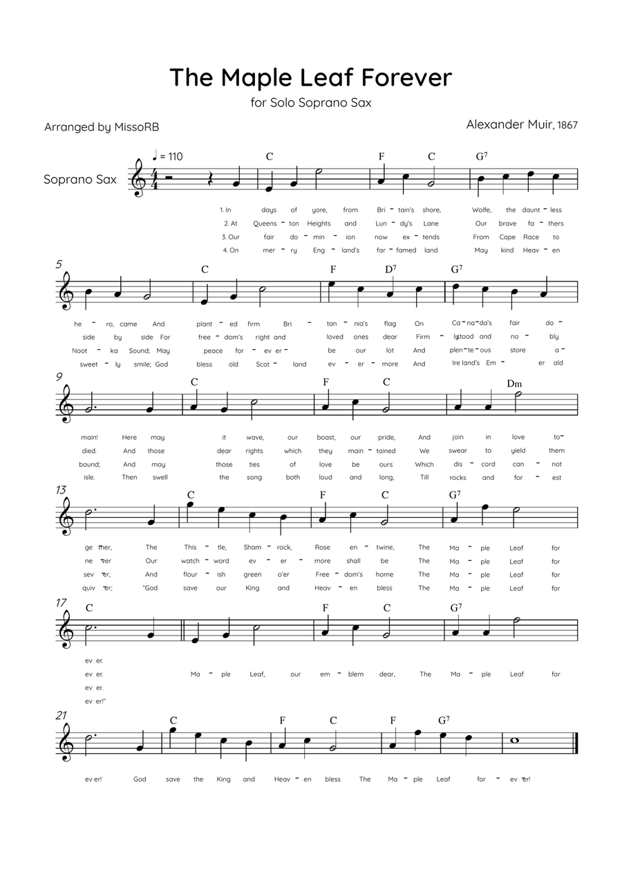 The Maple Leaf Forever - Solo Soprano Sax in Bb Major With Chords & Lyrics Soprano Saxophone scores gallery preview page 1