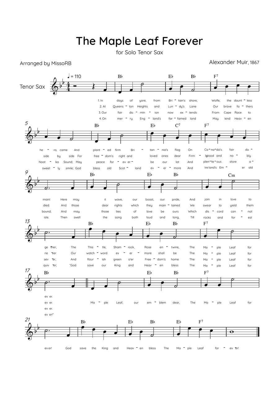 The Maple Leaf Forever - Solo Tenor Sax in Ab Major With Chords & Lyrics Tenor Saxophone scores gallery preview page 1