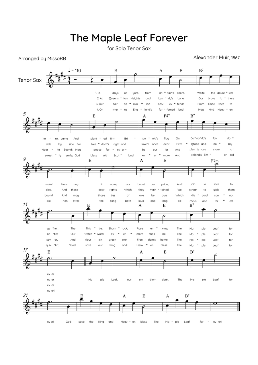 The Maple Leaf Forever - Solo Tenor Sax in D Major With Chords & Lyrics Tenor Saxophone scores gallery preview page 1