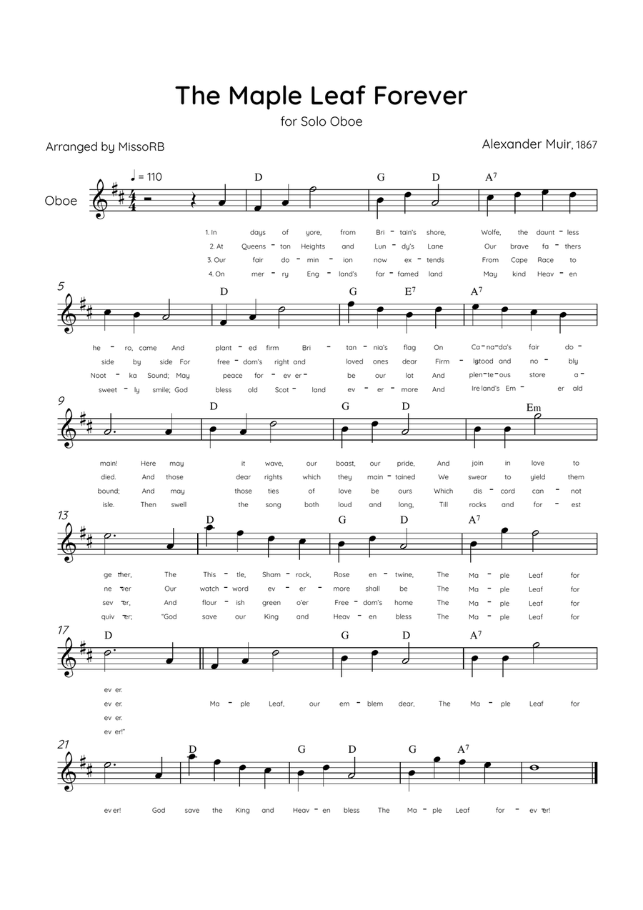 The Maple Leaf Forever - Solo Oboe in D Major With Chords & Lyrics Oboe Solo scores gallery preview page 1