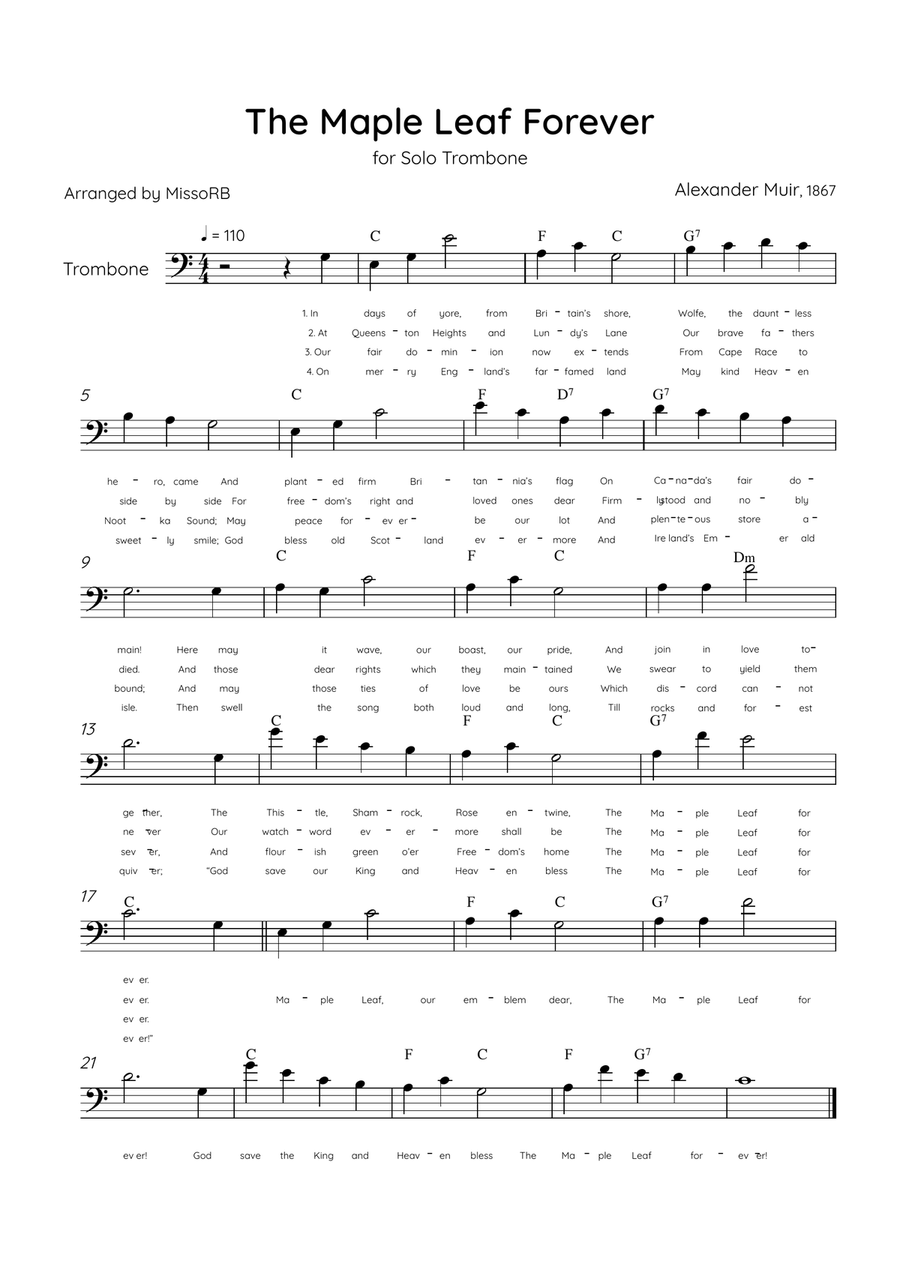 The Maple Leaf Forever - Solo Trombone in C Major With Chords & Lyrics Trombone Solo scores gallery preview page 1