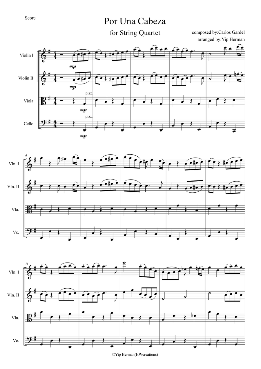 Por Una Cabeza for String Quartet/String Orchestra String Quartet scores gallery preview page 1