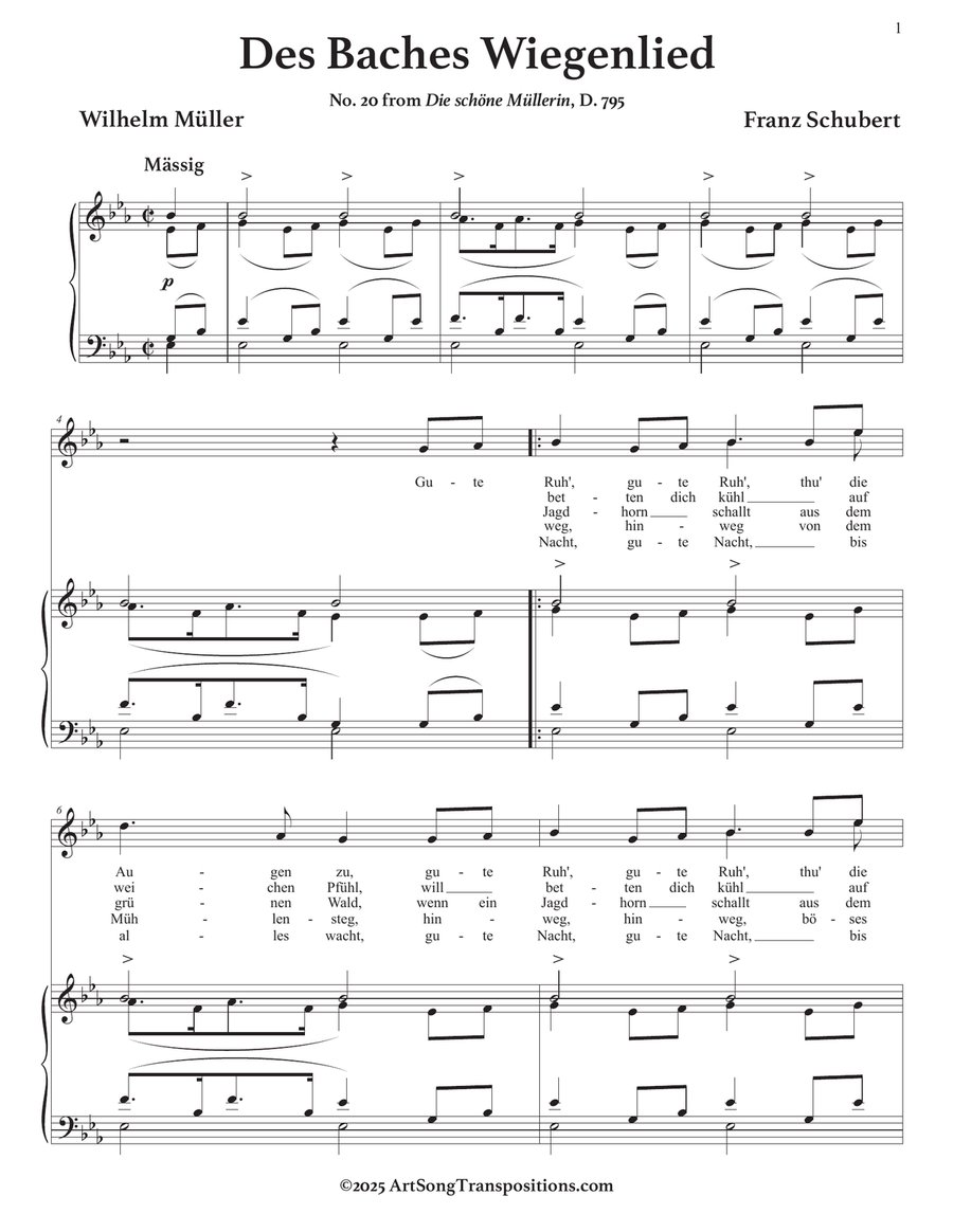 SCHUBERT: Des Baches Wiegenlied, D. 795 no. 20 (transposed to E-flat major) Piano, Vocal scores gallery preview page 2