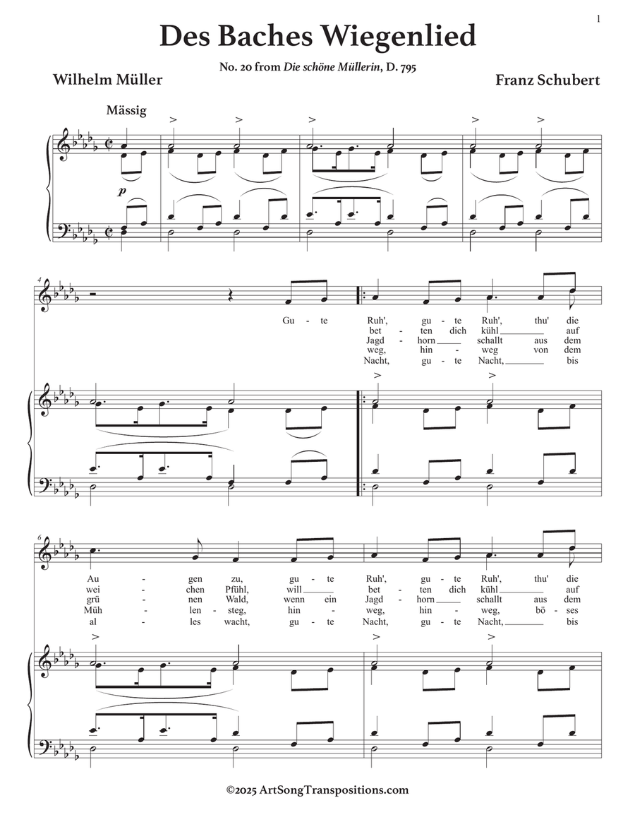SCHUBERT: Des Baches Wiegenlied, D. 795 no. 20 (transposed to D-flat major) Piano, Vocal scores gallery preview page 2