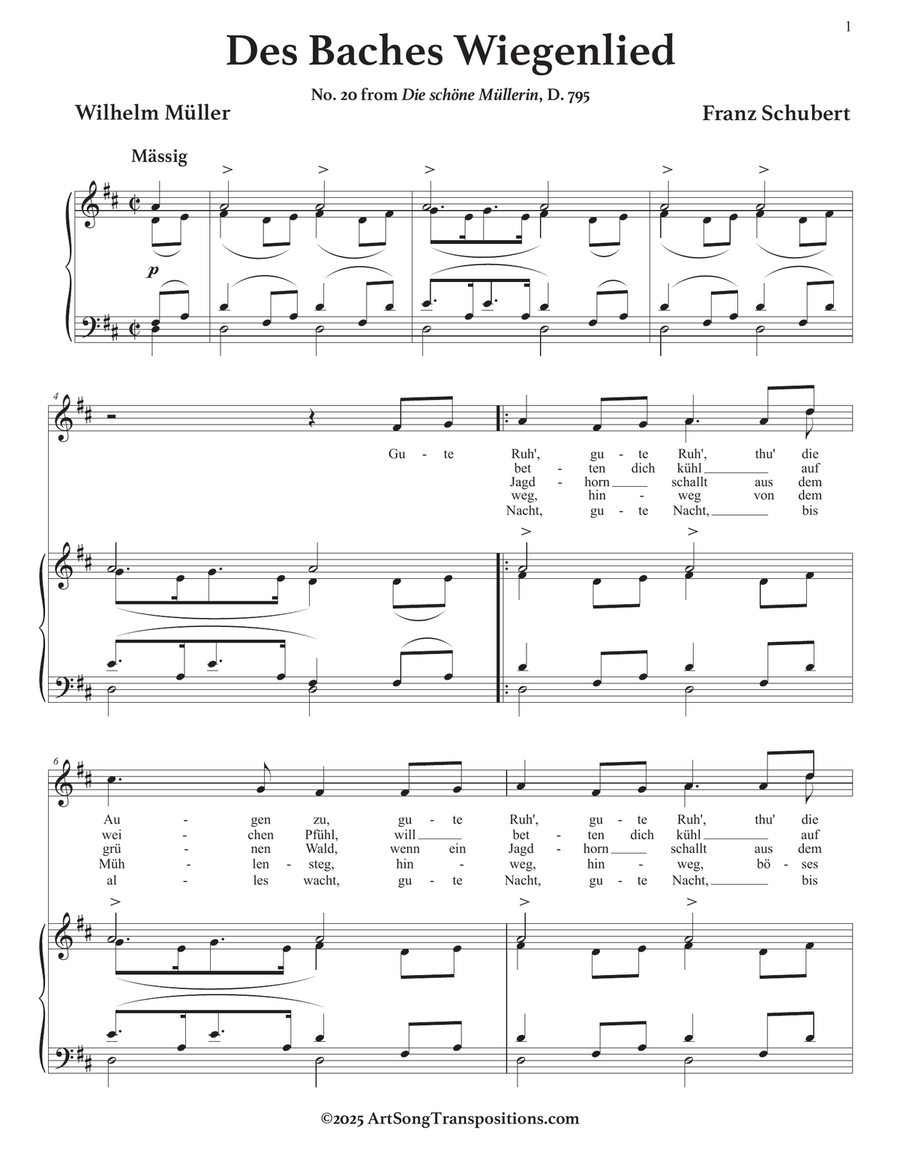 SCHUBERT: Des Baches Wiegenlied, D. 795 no. 20 (transposed to D major) Piano, Vocal scores gallery preview page 2