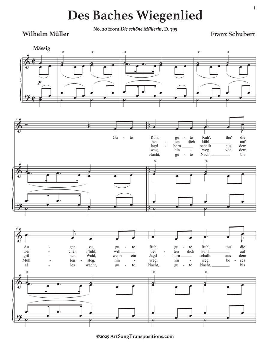 SCHUBERT: Des Baches Wiegenlied, D. 795 no. 20 (transposed to C major) Piano, Vocal scores gallery preview page 2