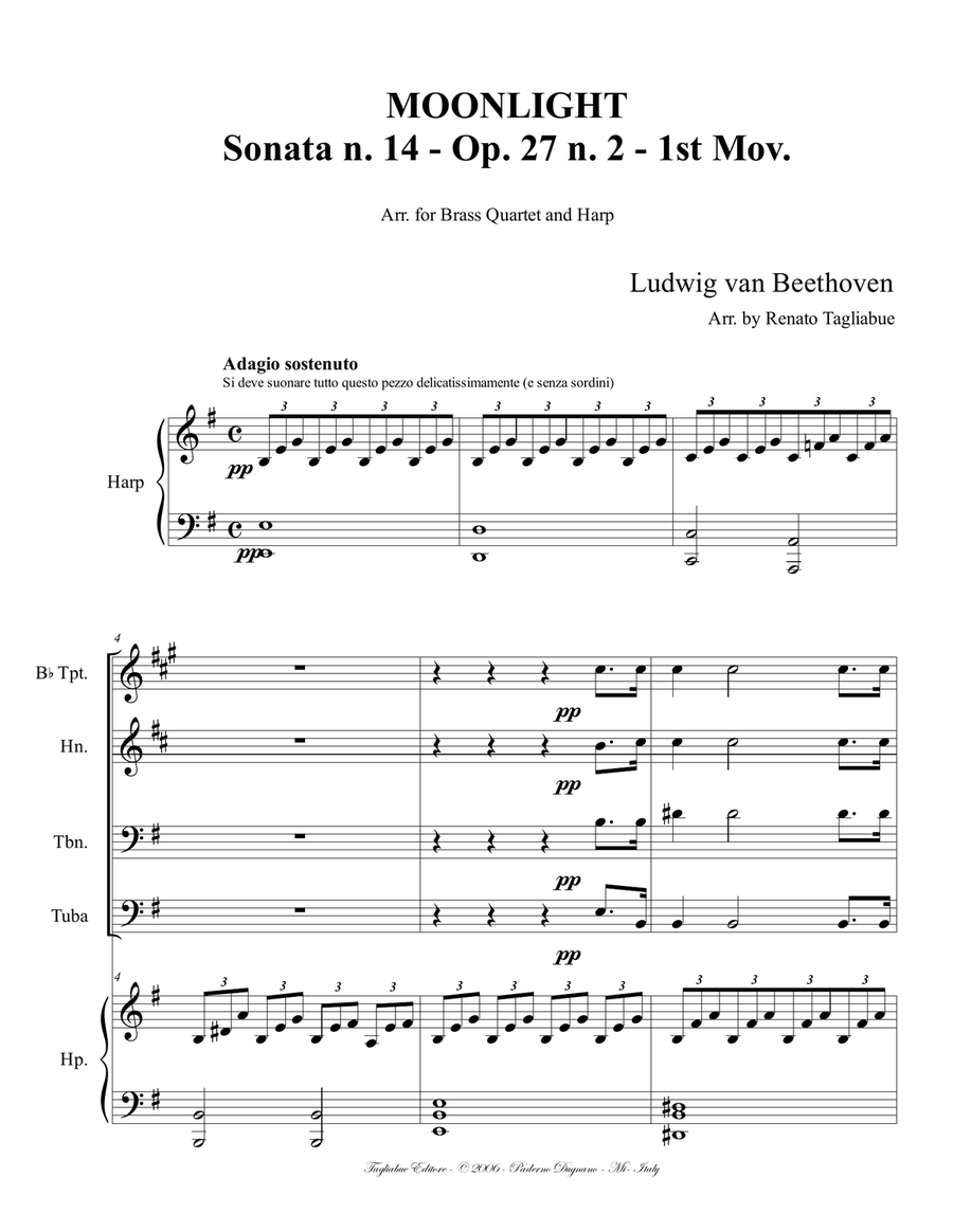 MOONLIGHT, Piano Sonata, Op. 27. Arr. for Brass Quartet and Harp (Piano) Brass Quartet scores gallery preview page 1