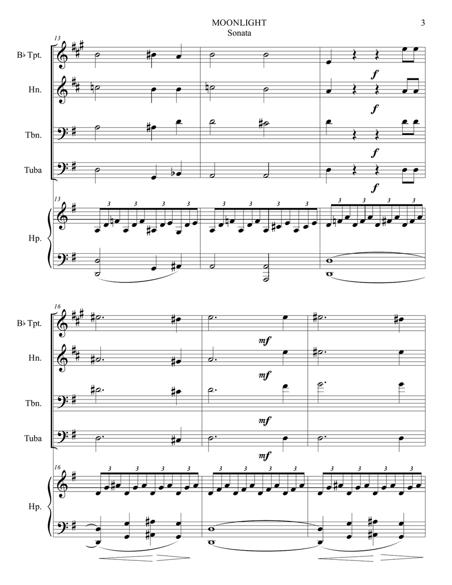 MOONLIGHT, Piano Sonata, Op. 27. Arr. for Brass Quartet and Harp (Piano) Brass Quartet scores gallery preview page 3