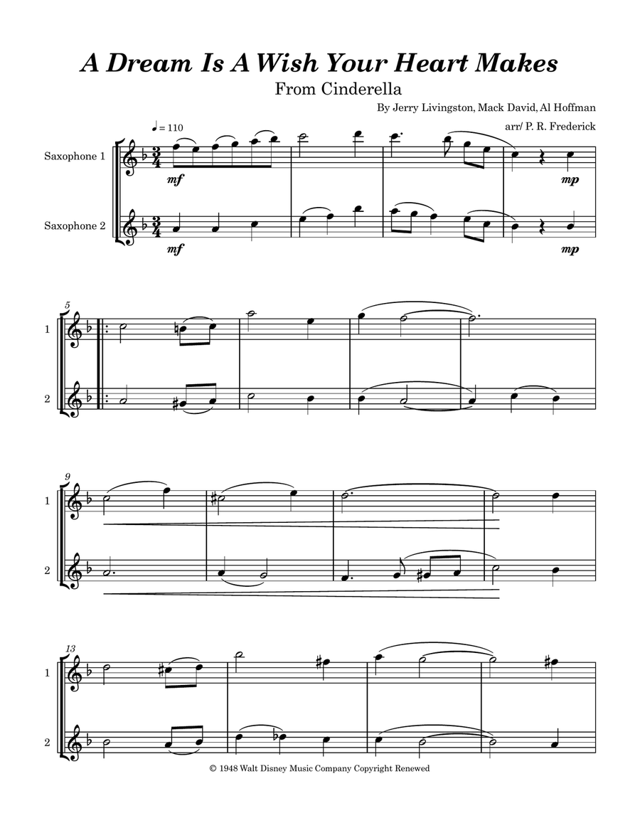 A Dream Is A Wish Your Heart Makes Tenor Saxophone scores gallery preview page 1