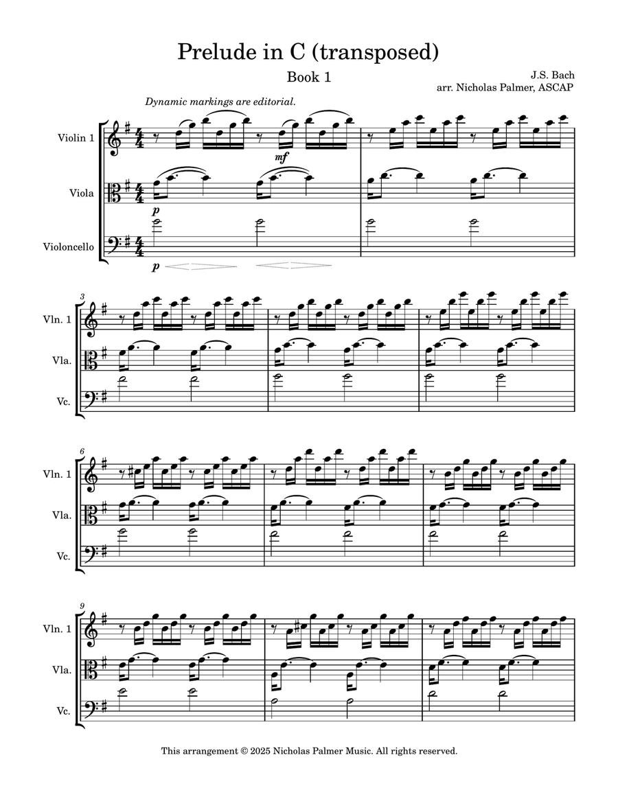 Prelude in C (transposed) from the Well-tempered Clavier Book 1 String Trio scores gallery preview page 1