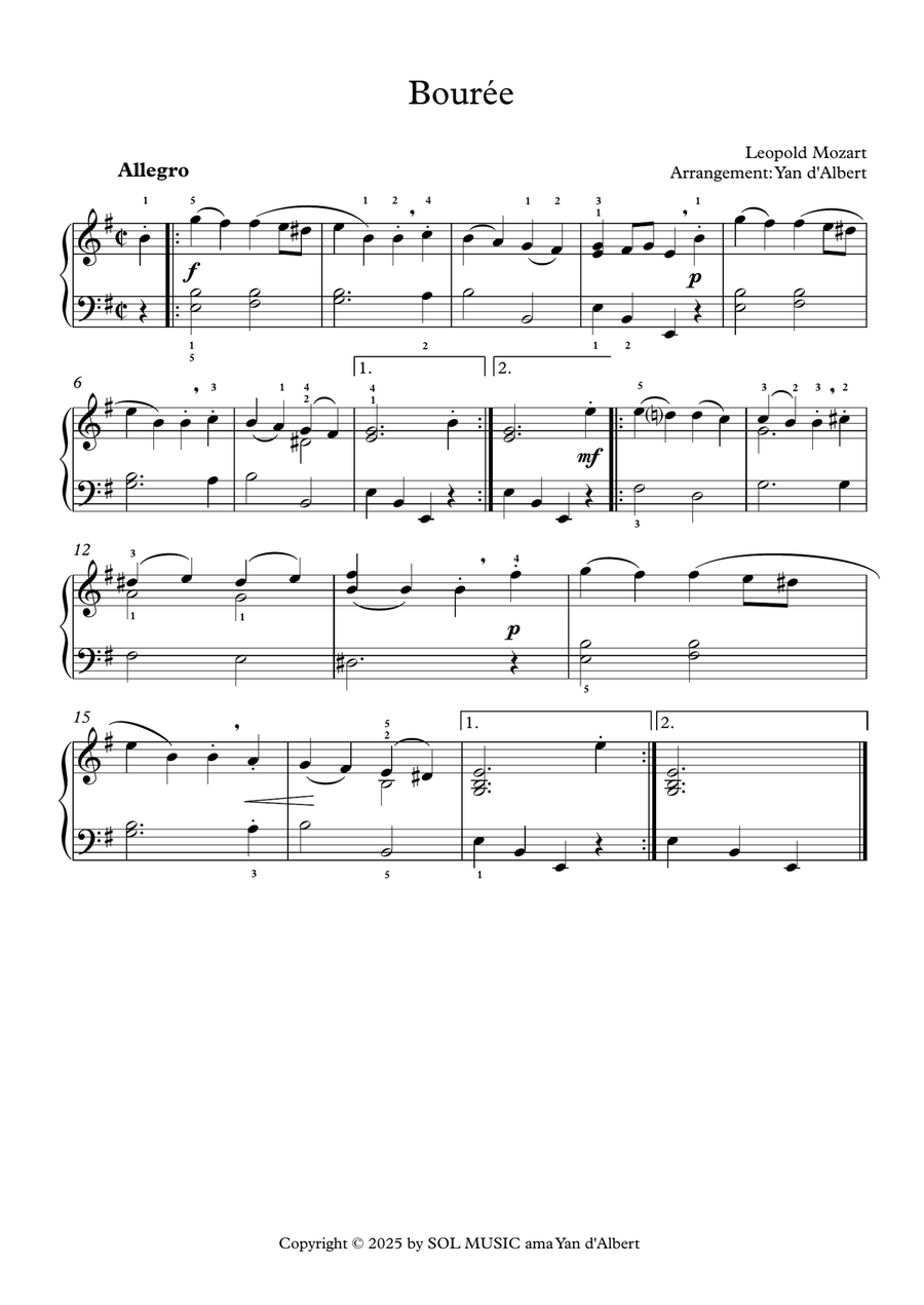 Bourrée in E minor (Leopold Mozart, Arr.: Yan d'Albert) Easy Piano scores gallery preview page 1