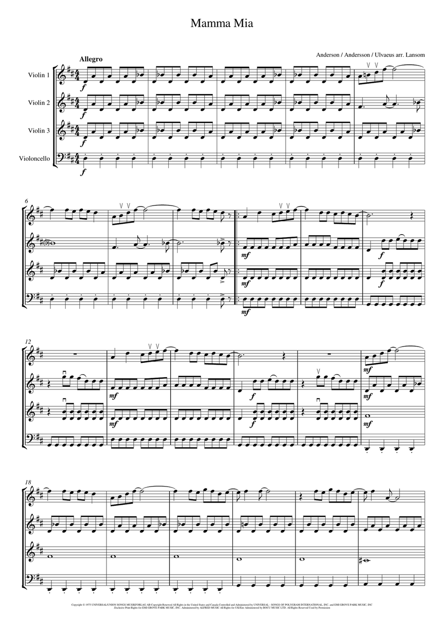 Mamma Mia Mamma Mia String Quartet scores gallery preview page 3