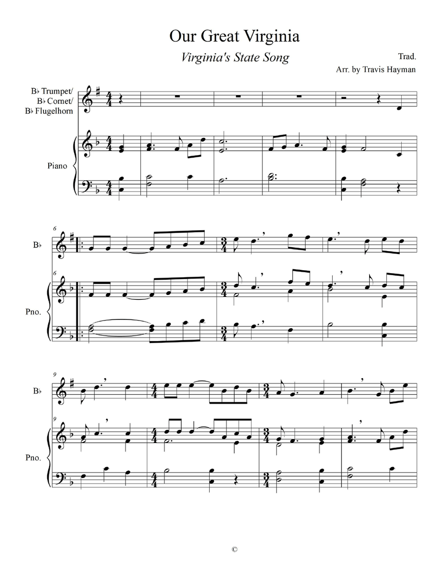 Our Great Virginia - for Bb Trumpet/Bb Cornet/Bb Flugelhorn with Piano Accompaniment Cornet scores gallery preview page 3